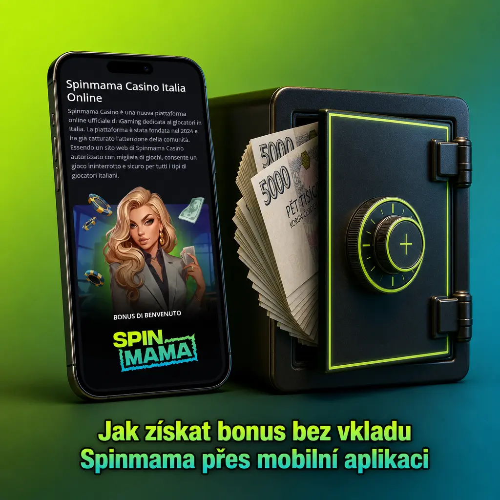 Mobilní aplikace Spinmama s návodem na aktivaci bonusu bez vkladu pomocí biometrického přihlášení a vkladu přes Google Pay